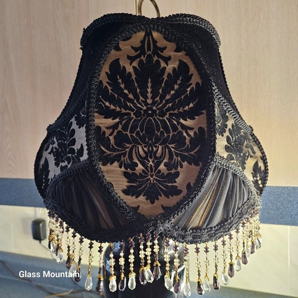 SOLD - Victorian Hand Sewn Woman & Lambs Floral Glass Beaded Fringe Lamp Shade - Picture 6 of 10